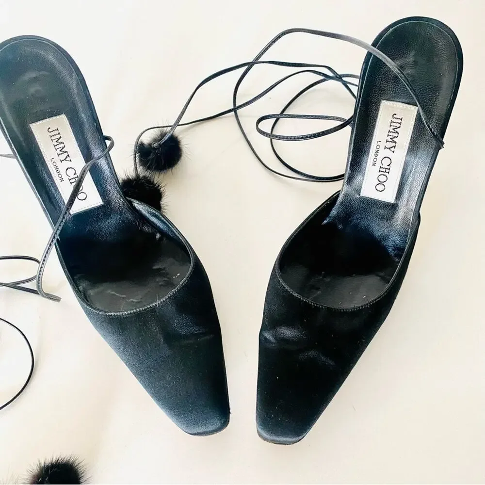 JIMMY CHOO Classic Black Pointy Toe Open Fur Pom Tie Wrap Heeled Mules Shoes 36